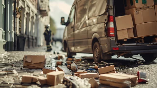 Damaged delivery van with scattered packages on a city street after an accident.