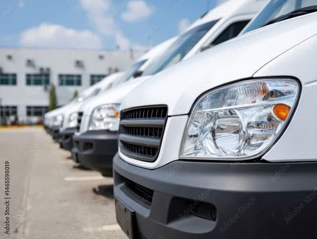 Close-up view of several white vans parked in a line in front of a commercial building.
