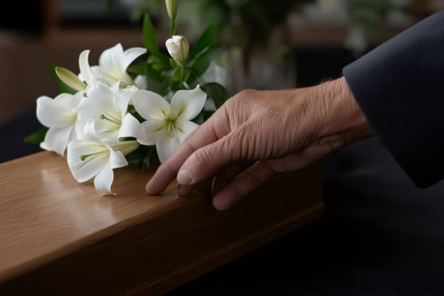 A person’s hand gently resting on a wooden casket adorned with white lilies during a funeral service.