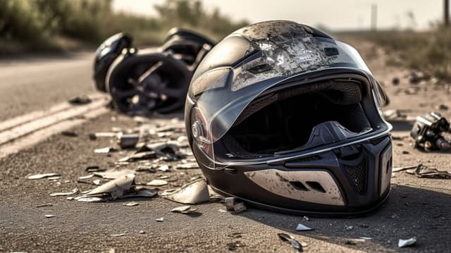 Damaged motorcycle helmet lying on the road surrounded by broken debris after an accident.